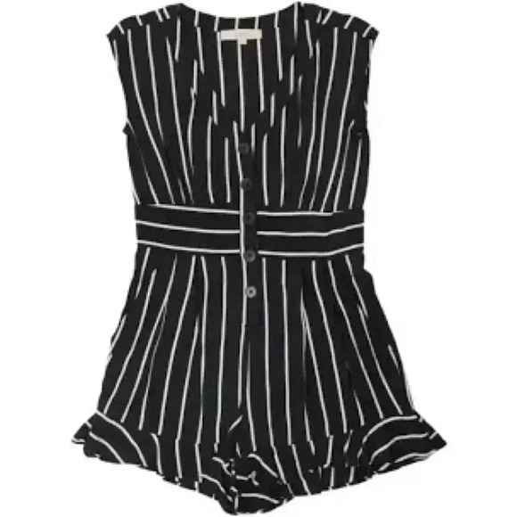 Loft Black\White Striped Sleevess Ruffle Hem Romper With Pockets Size 4 - Picture 2 of 6